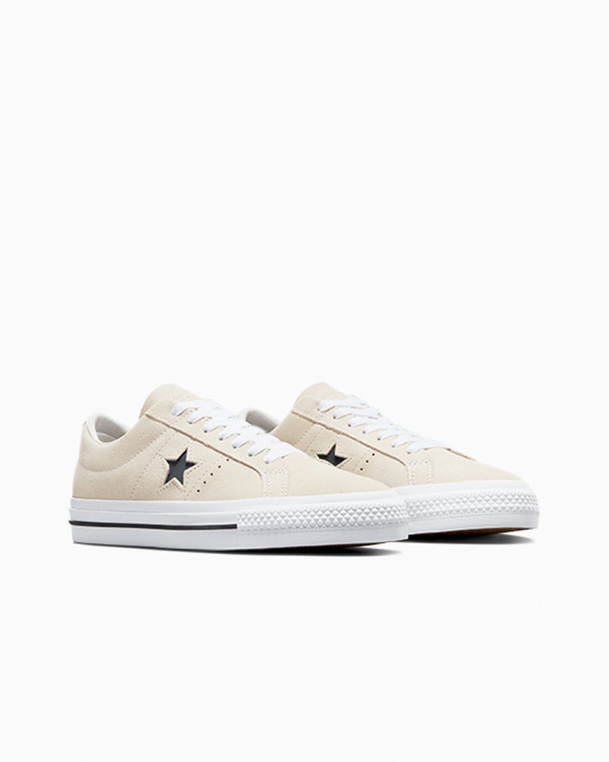 Bascheți Barbati Converse CONS One Star Pro Piele Intoarsa Bej Albi Negrii | RO KZJRU820